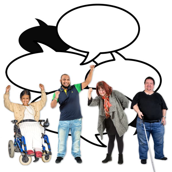 a group of 4 people with various disabilities stand in front of speech bubbles
