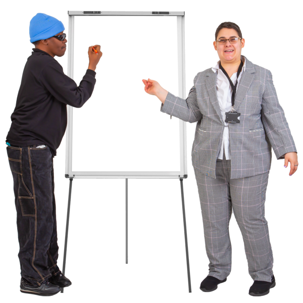 two people standing at a whiteboard for training