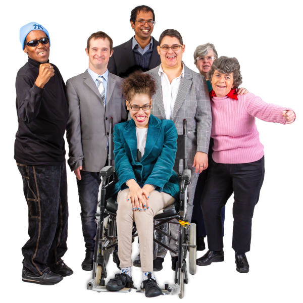 group of people with disabilities smiling, showing strength and togetherness