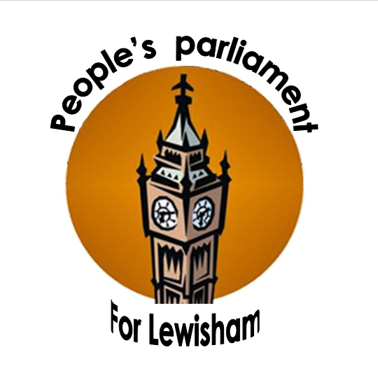 orange circle with cartoon Big Ben in it. People's Parliament for Lewisham written around the circle