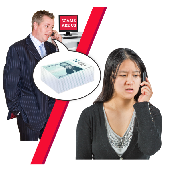 A man in a suit is on a phone call with a young woman. He is talking about money. On the screen behind the man is a computer screen with the words 'scams are us'. The image is meant to represent a scam caller.