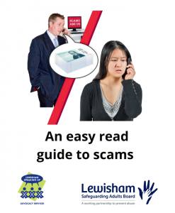 A picture of a cover of a booklet. It says 'An Easy Read Guide to Scams'