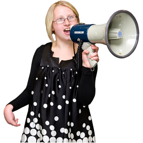 blonde woman with a megaphone