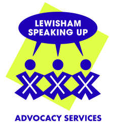 yellow box with three bright blue X's from which a bubble says 'Lewisham Speaking Up'. beneath it says 'advocacy services'