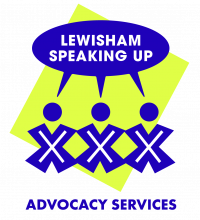 yellow box with three bright blue X's from which a bubble says 'Lewisham Speaking Up'. beneath it says 'advocacy services'